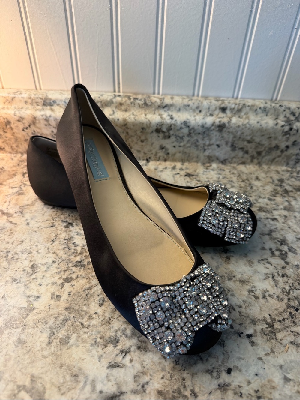 Betsey Johnson Black Satin Flats with Crystal Bow Accents Wedding Blue Sparkle